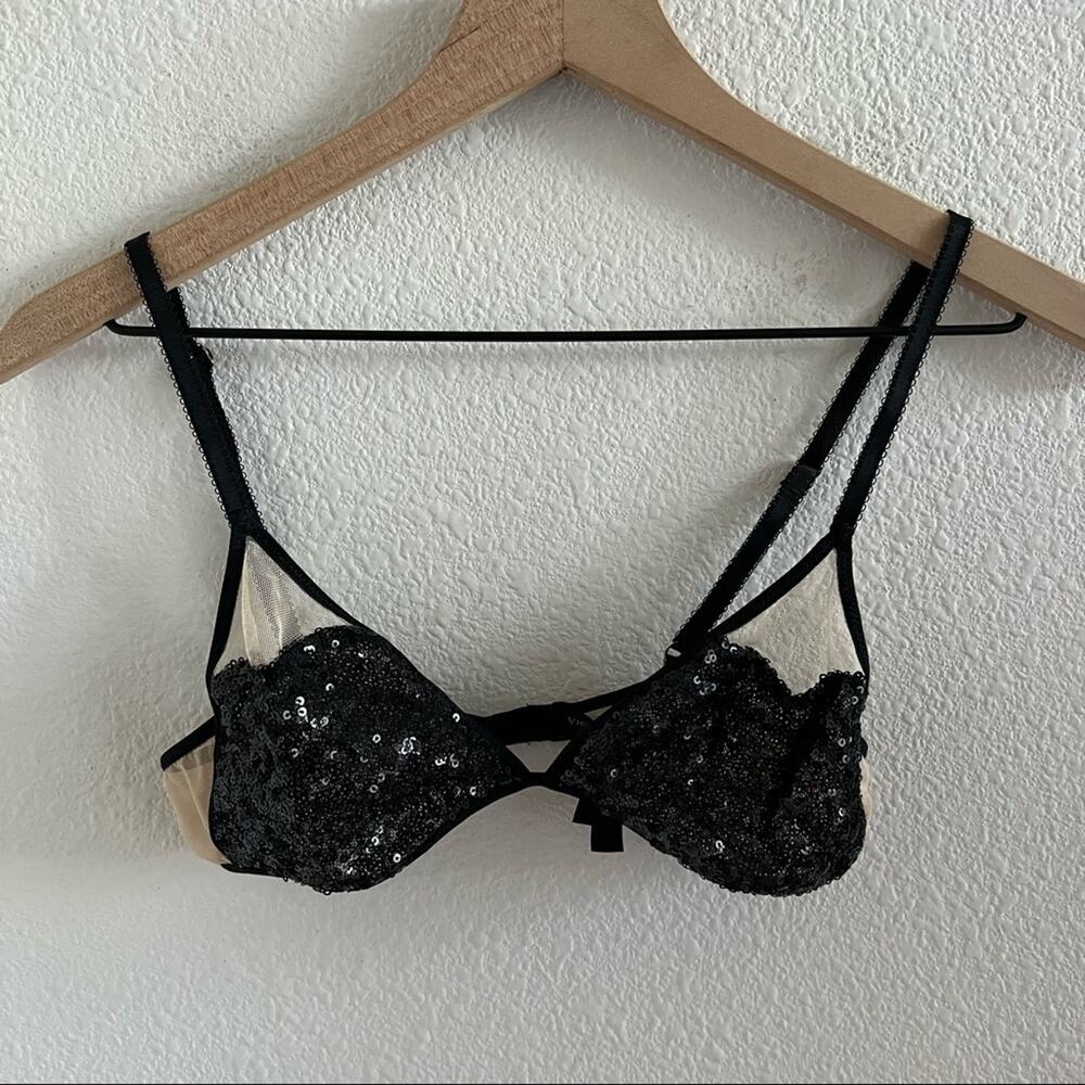 Victoria’s Secret Sequin Mesh Bralette Neutral Black Tan Nylon Small